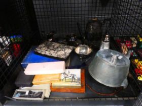 Cage containing preserve pan, silver plate to include jug and kettle, plus clutch bag, souvenir