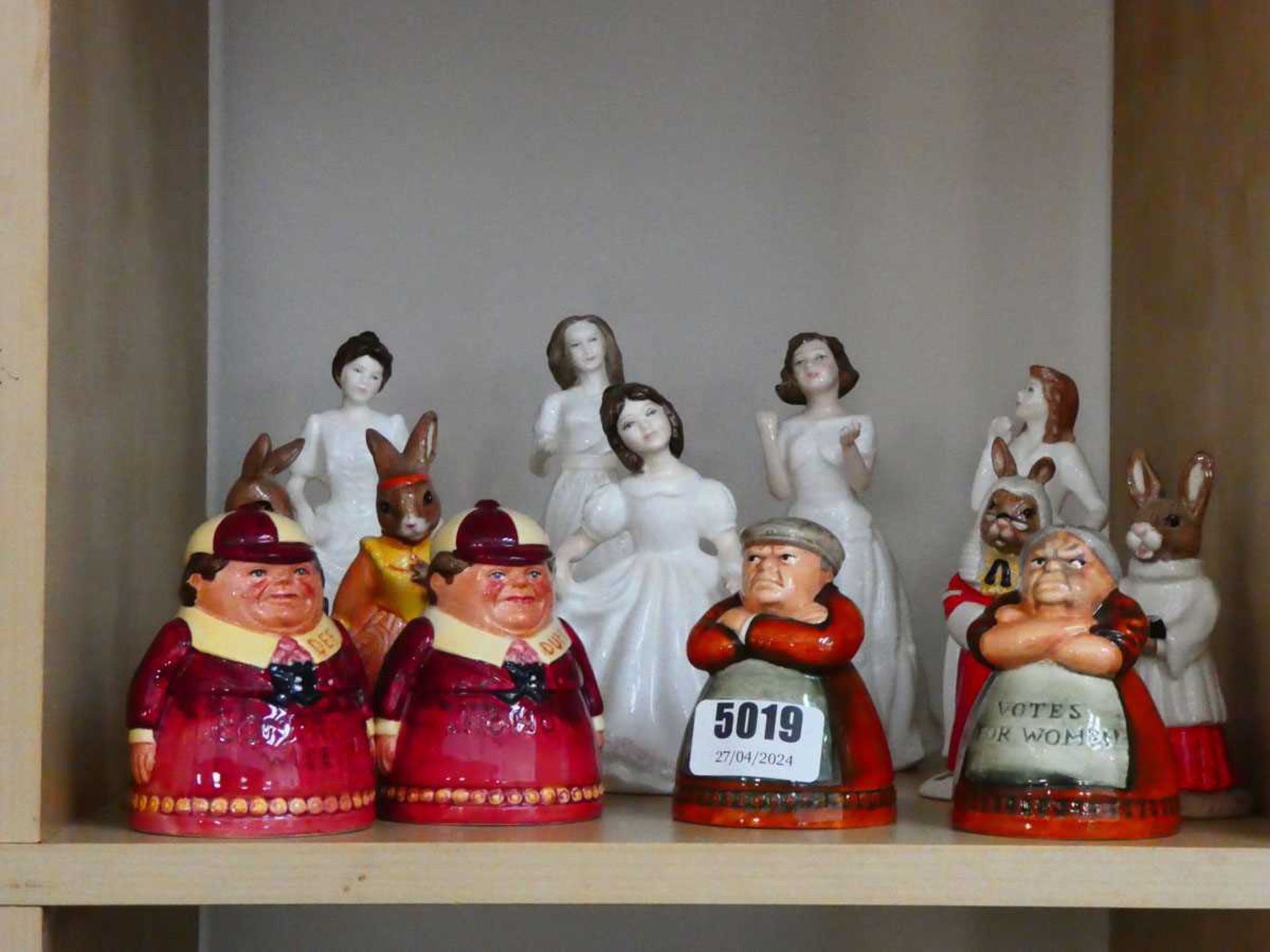 Small collection of Bunnykins, salt and pepper figures in the form of Votes for Women and Tweedledum