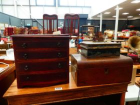 Miniature tabletop chest of drawers plus a Victorian trinket box, deeds box and a national safe