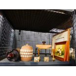 Cage containing tobacco jar, trivet, 2 pill boxes, Stanley bakelite measure, print and tobacco jar