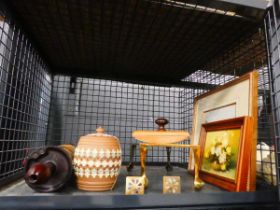 Cage containing tobacco jar, trivet, 2 pill boxes, Stanley bakelite measure, print and tobacco jar