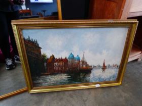 Oil on board, boats on river