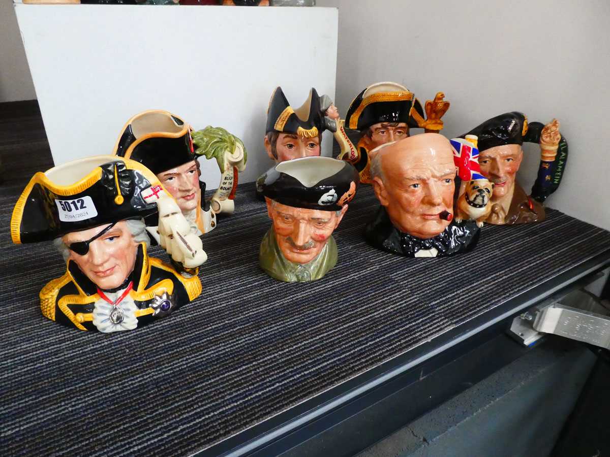 7 large Character Jugs depicting historical figures, to include Montgomery, Winston Churchill,