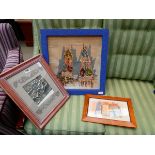 Quantity of prints and paintings to include cityscape, wall hanging with the sun, African masks