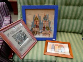 Quantity of prints and paintings to include cityscape, wall hanging with the sun, African masks