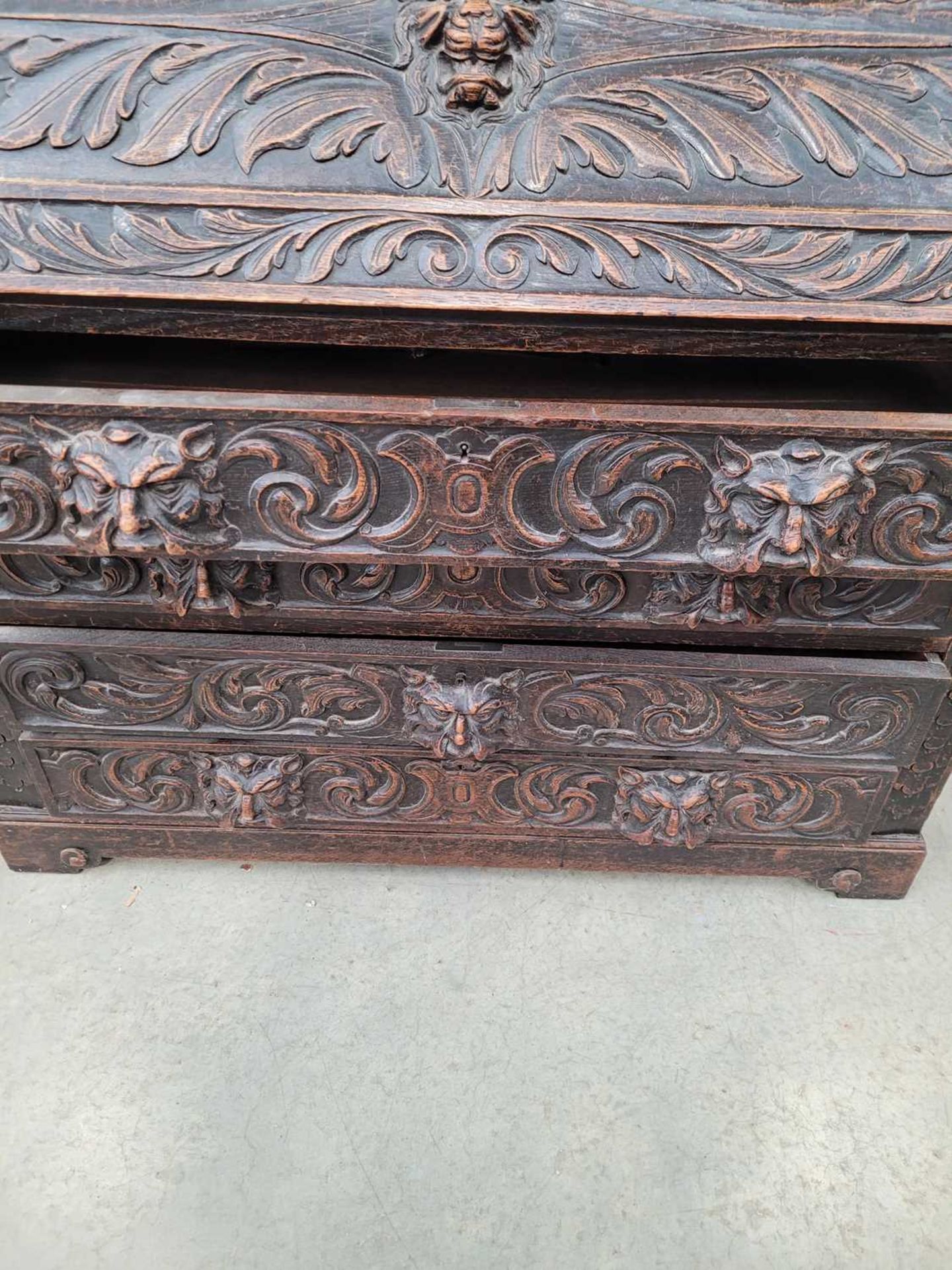 Heavily carved oak bureau bookcase with glazed and leaded door panels Approx. dimensions: depth 20 - Image 7 of 9
