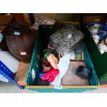 Box containing cigarette cards, jewellery box, costume jewellery, coffee grinder, china and