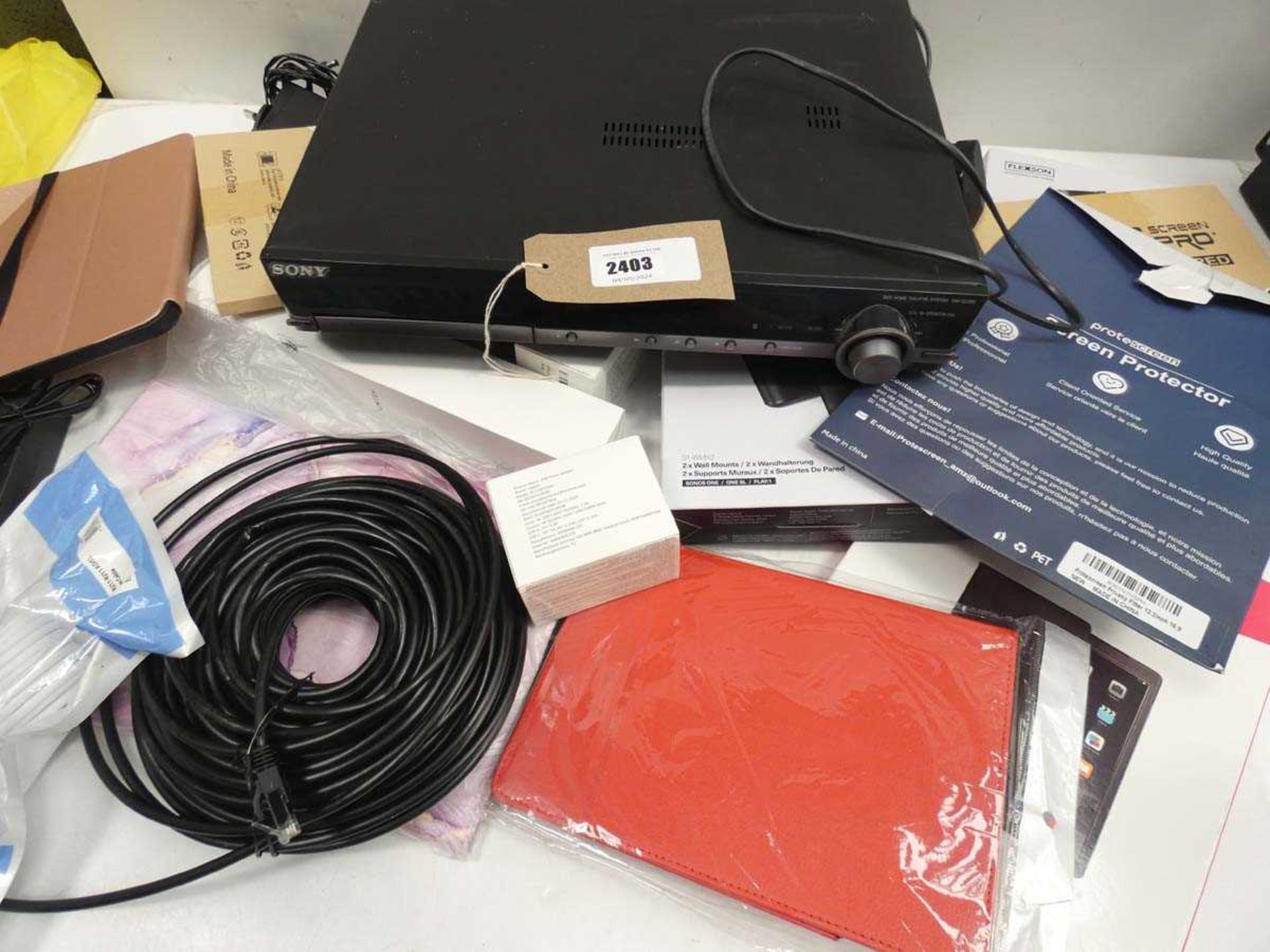 +VAT Bag containing Sony DAV-DZ280 home theater DVD player, tablet cases/covers, cabling, mounts,