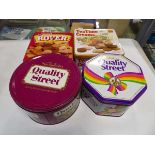 Box containing vintage tins inc. Rover biscuits and Quality Street