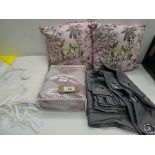 +VAT 2 elephant design cushions, Set of ring top curtains, double electric blanket and large throw