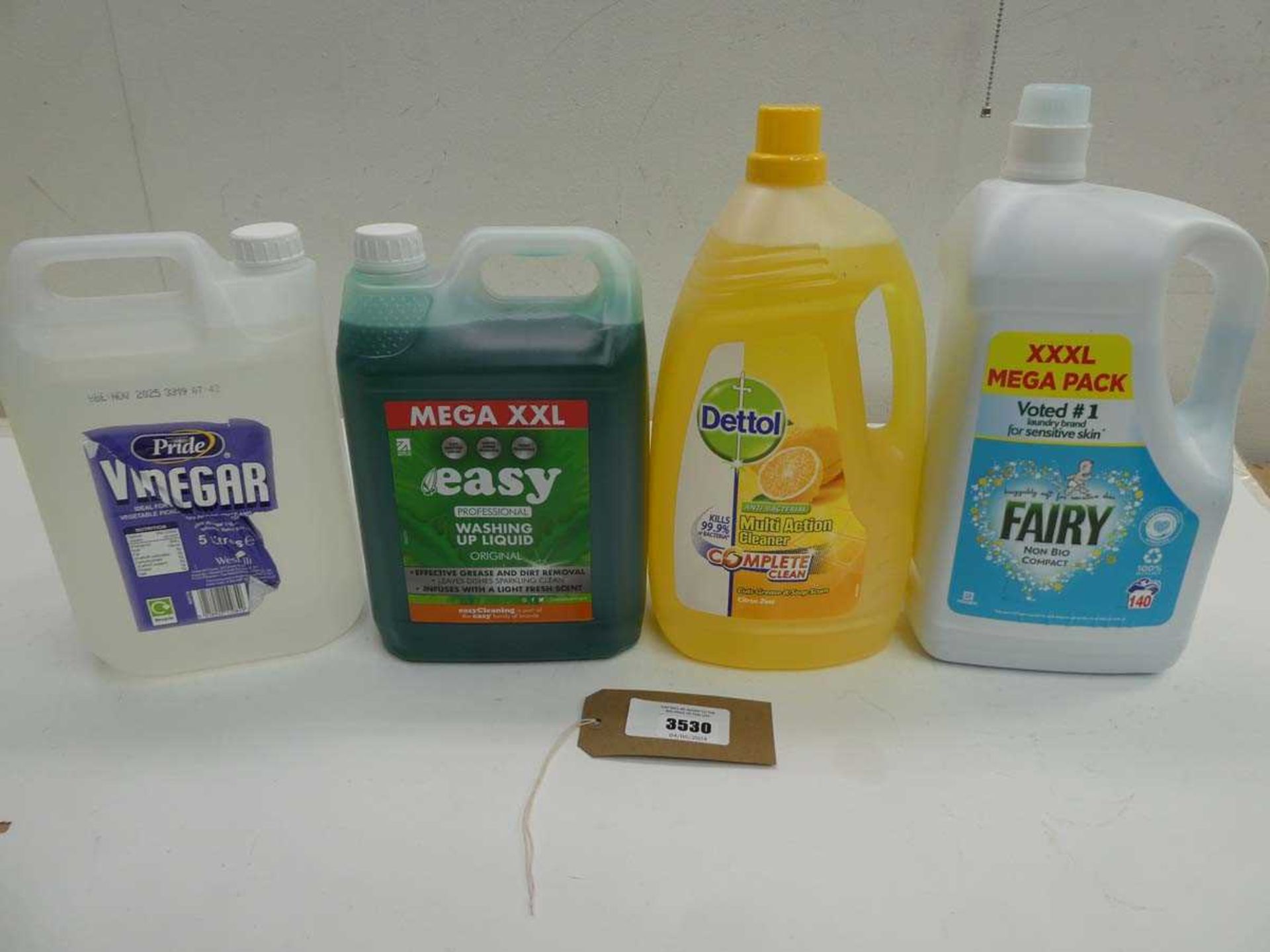 +VAT Pickling Vinegar, Washing Up Liquid, Dettol Multi Purpose Cleaner and Fairy Non Bio compact