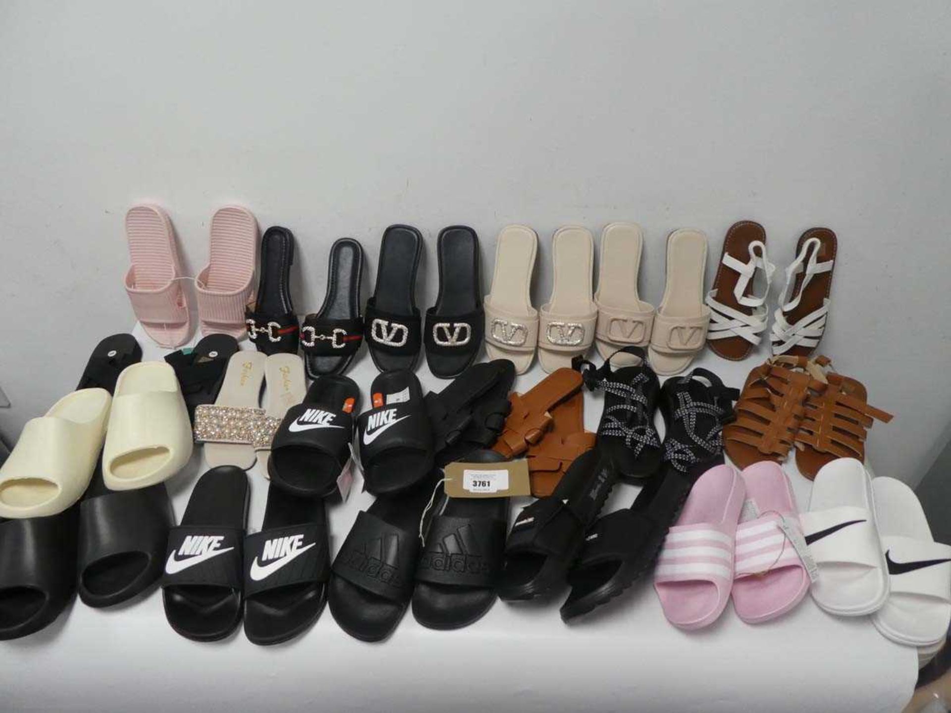 +VAT large bundle of sandals and sliders of various sizes, includes, Nike, Adidas + Abercrombie