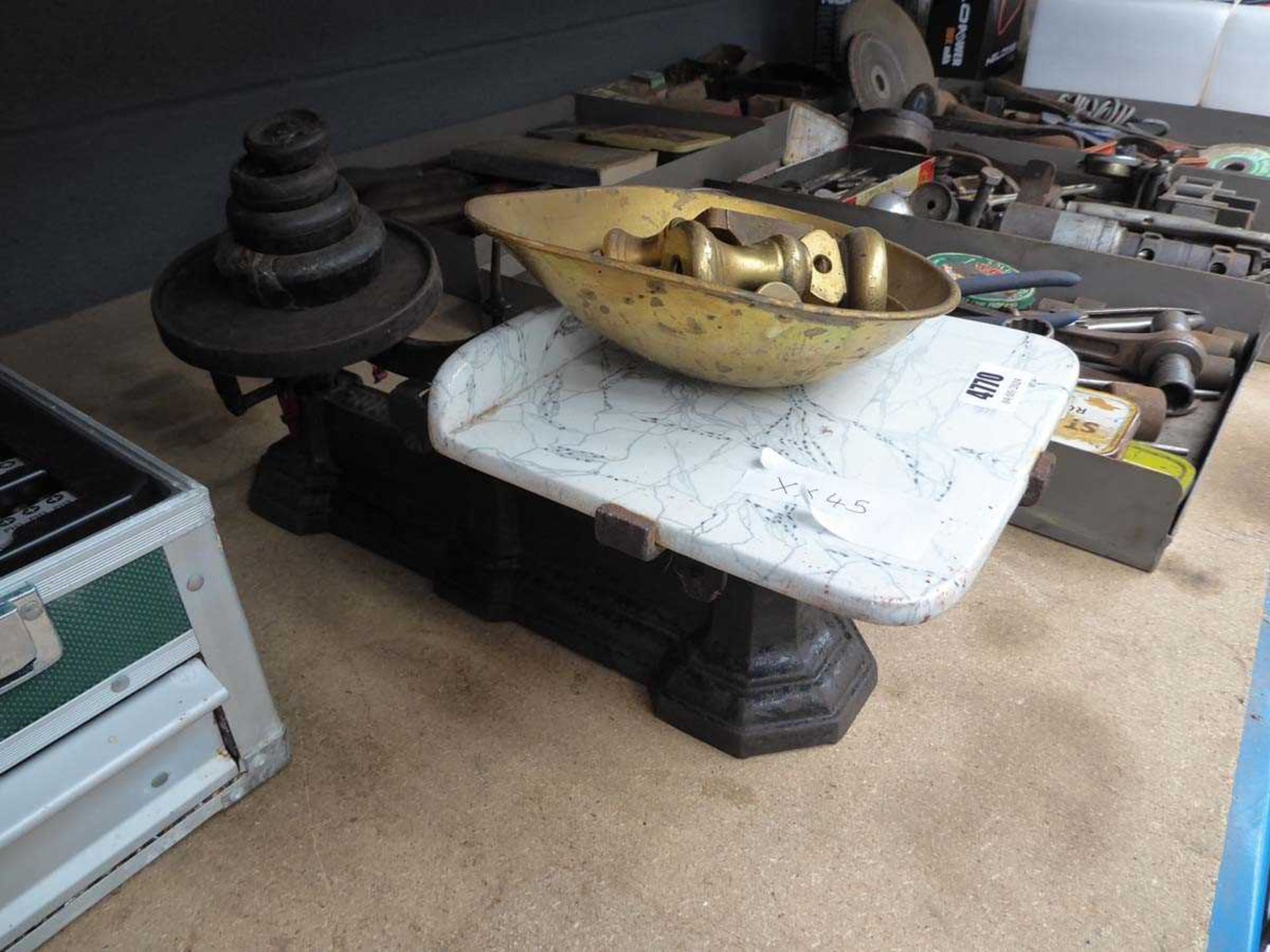 Set of vintage weighing scales and weights