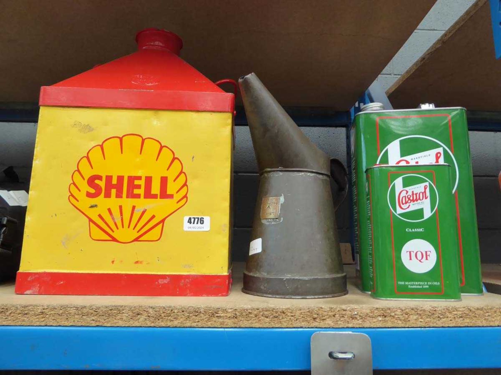 Vintage Shell fuel can, a oil can and 2 tins of Castrol oil