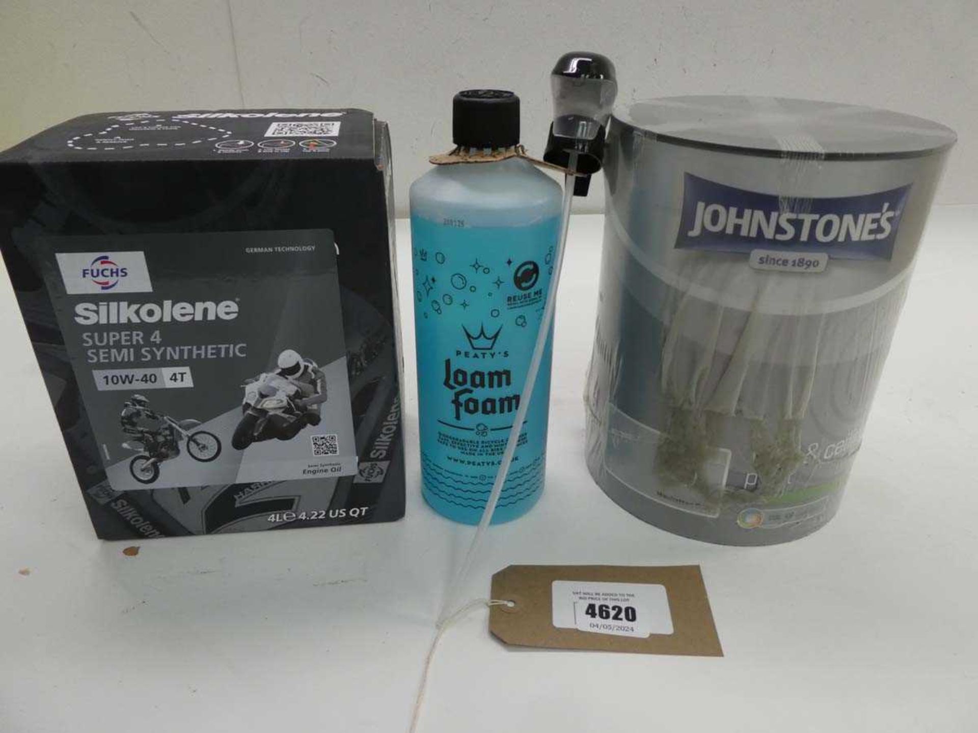 +VAT Silkolene semi synthetic engine oil, Loam Foam and tin of Johnstones wall & ceiling paint