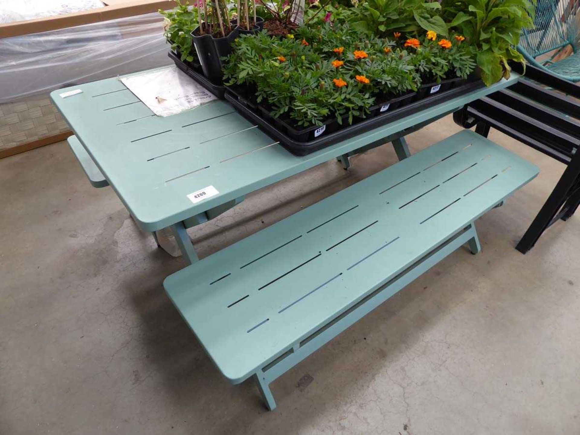 +VAT Metal foldup green garden table with 2 bench seats
