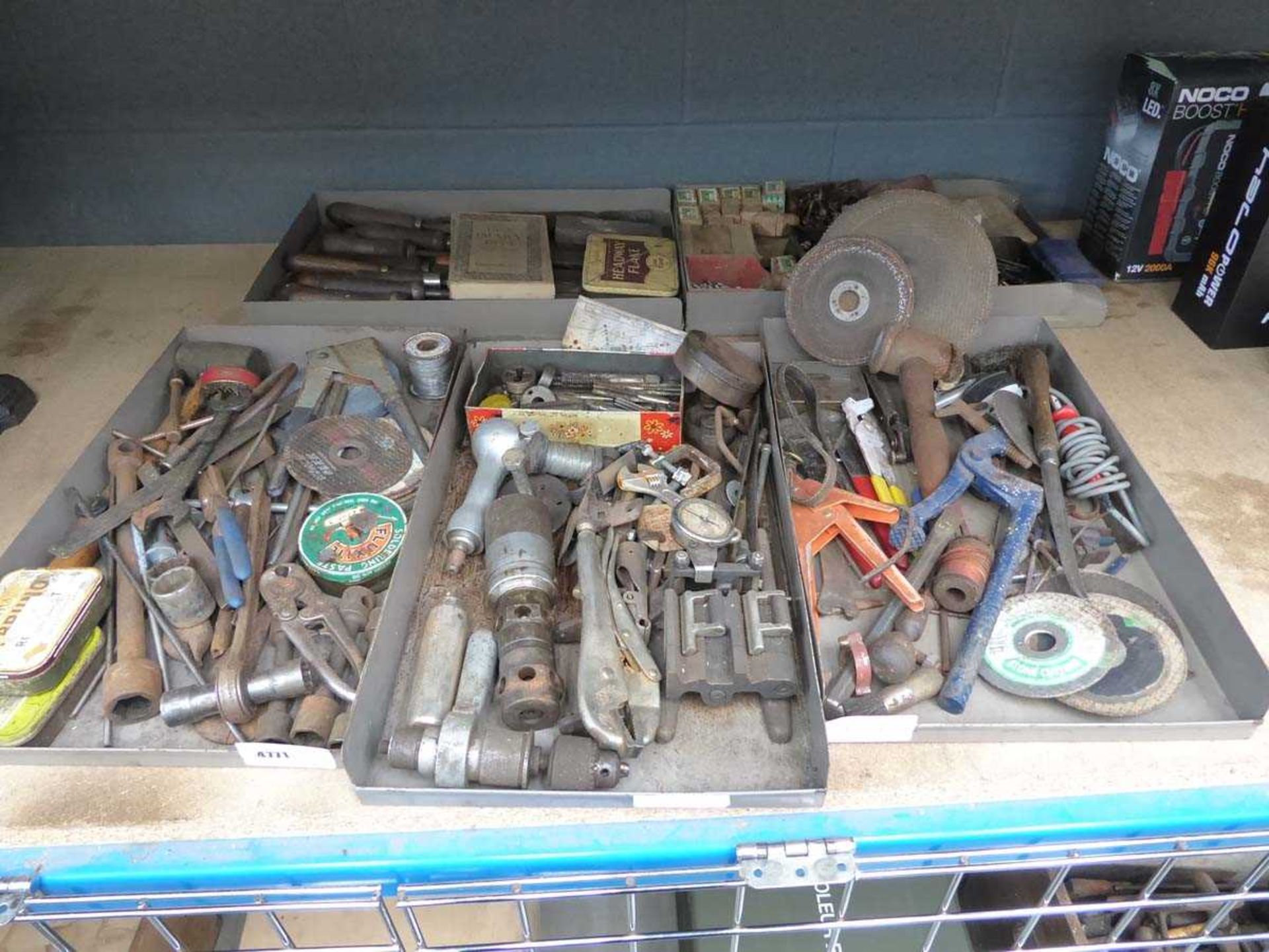 +VAT 5 assorted trays of tools including machine tools, cutters, spanners, files, fixings, blades,