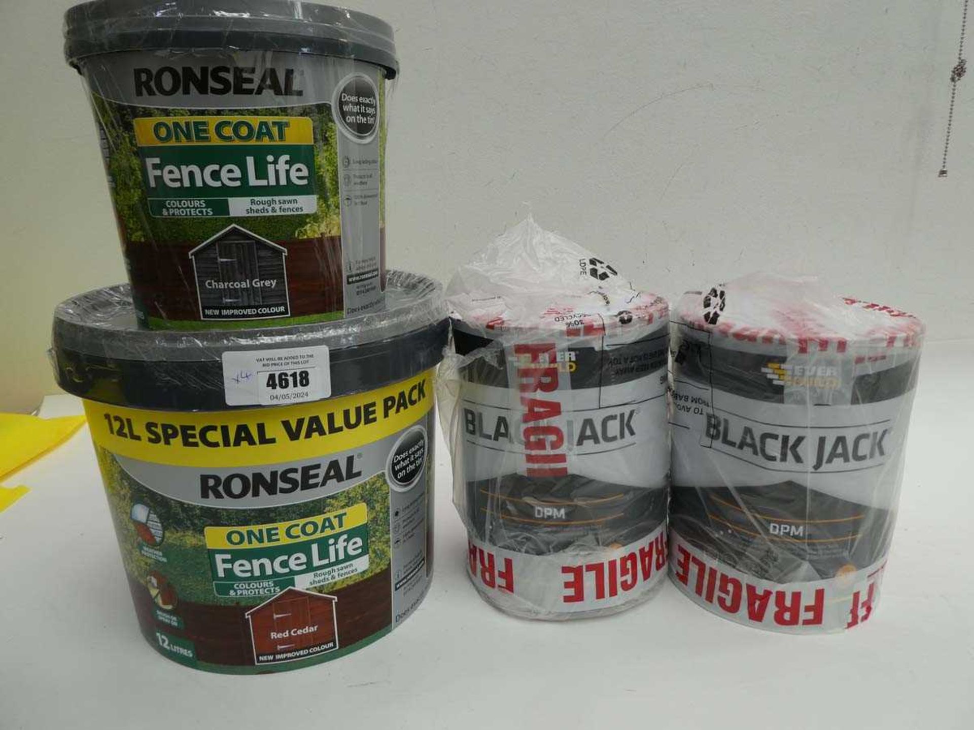 +VAT 2 Tubs of Ronseal One Coat fence life paint & 2 tins Black Jack DPM