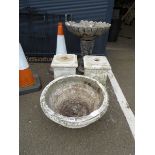 Round concrete pot and 2 plinths, with bird bath/water feature (top broken)