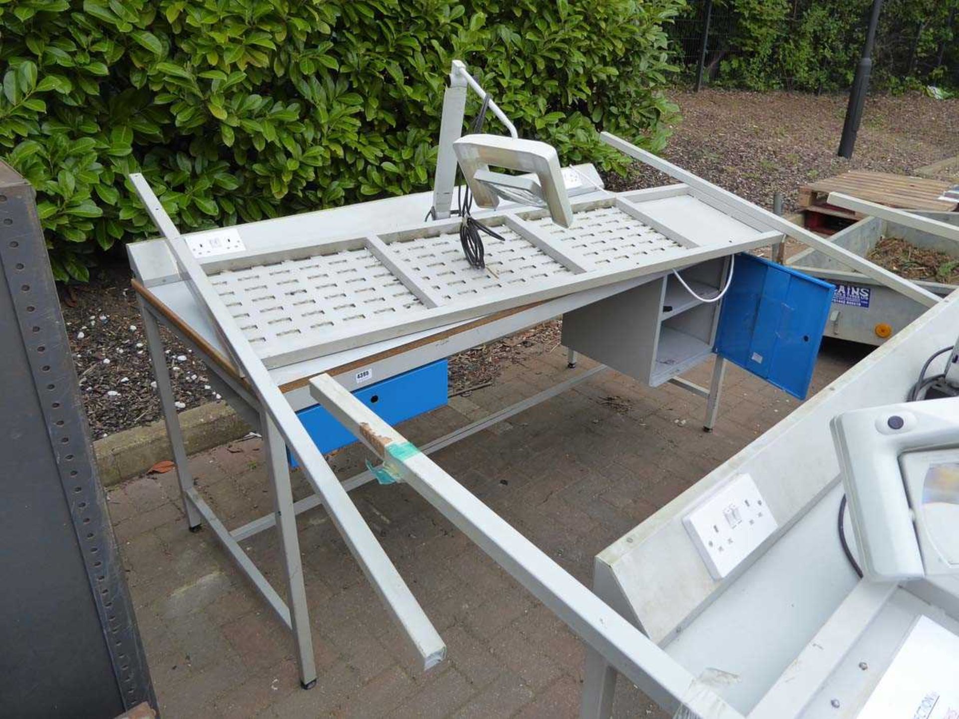 Large grey metal work station with linbin backboard, drawers and cabinet under