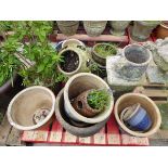 Pallet of assorted pots inc. strawberry planters, concrete plinth etc.