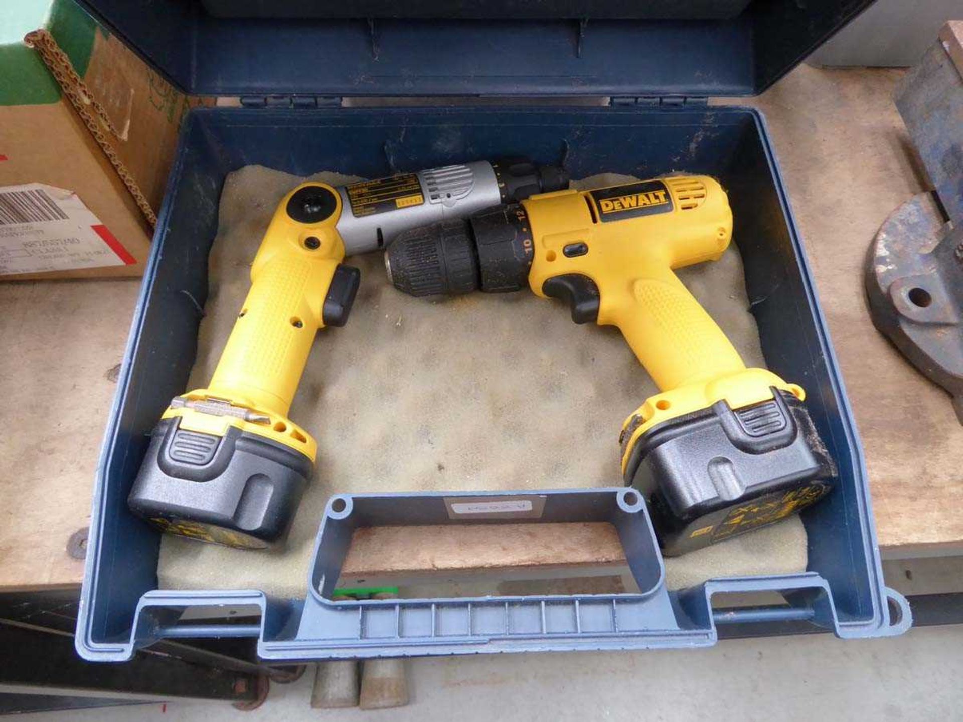 DeWalt battery drill and DeWalt angle drill, 2 batteries, no charger