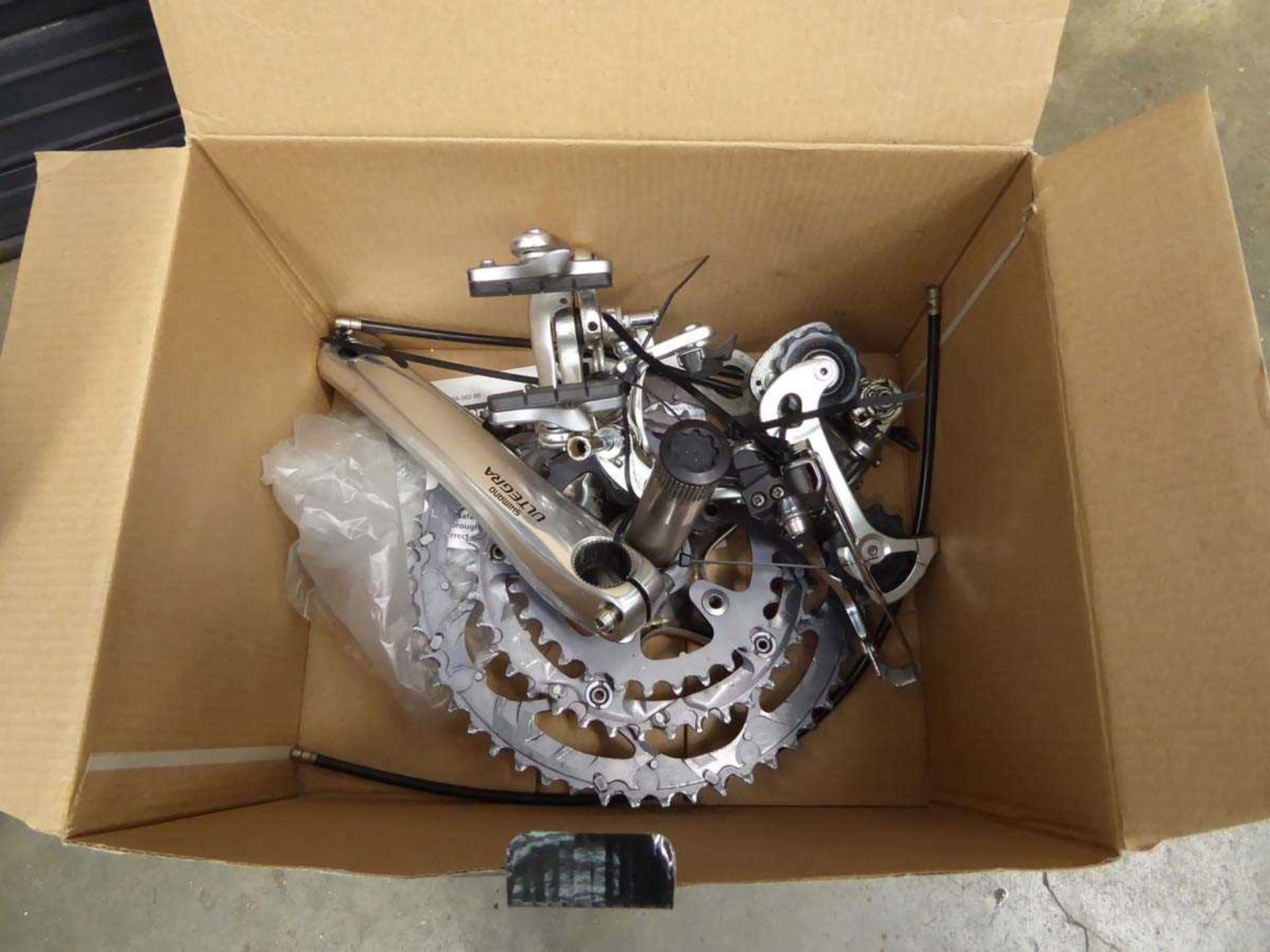 2 racing bike wheels, set of handlebars, and box containing various parts - Image 2 of 2
