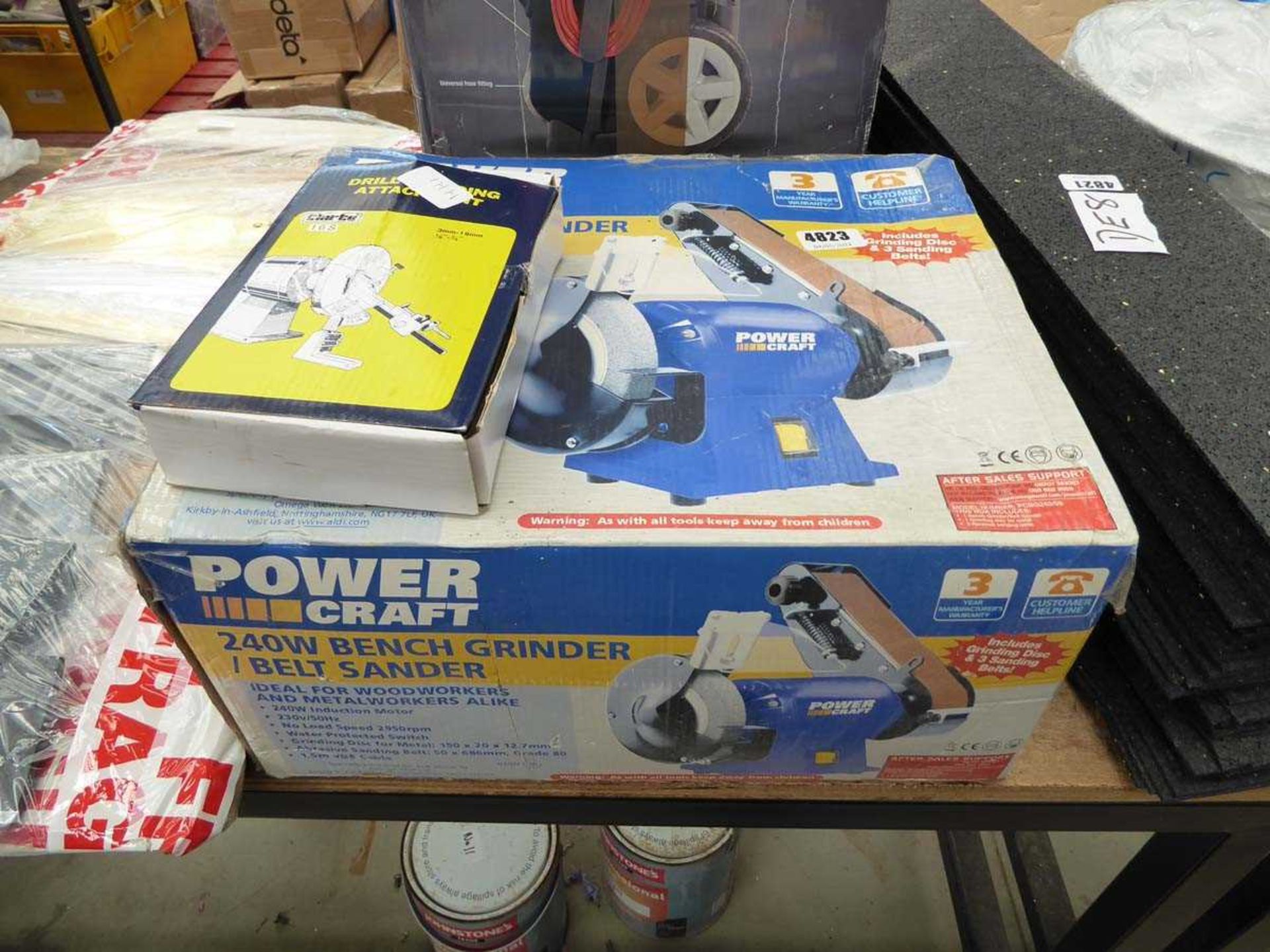Powercraft bench grinder and belt sander in box with attachment