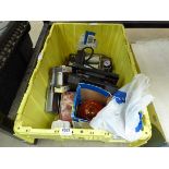 Box containing flashing light, foot pump and other items