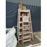 2 wooden builder's trestles, scaffold boards, and small wooden stepladder