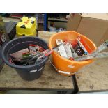 2 buckets containing screwdriver bits, drill bits, tile cutters etc