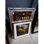 Rectangular bevelled mirror in silver frame plus comical print of sheep and duck entitled "Best