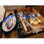 2 x boxes containing loose cutlery and Minton plate