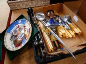 2 x boxes containing loose cutlery and Minton plate