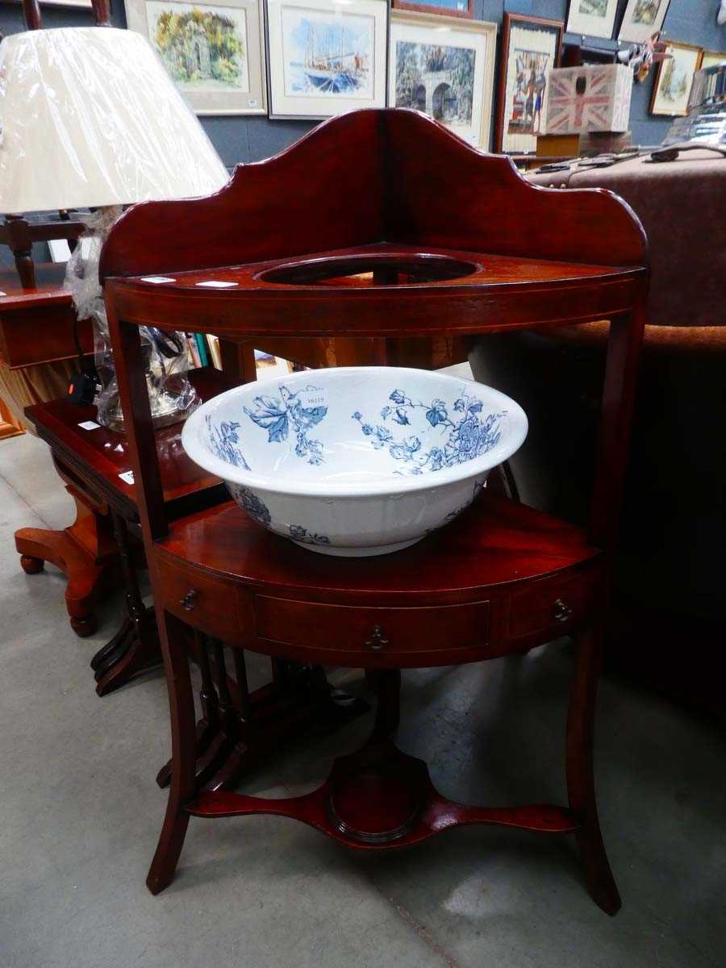Georgian corner wash stand with floral patterned bowl