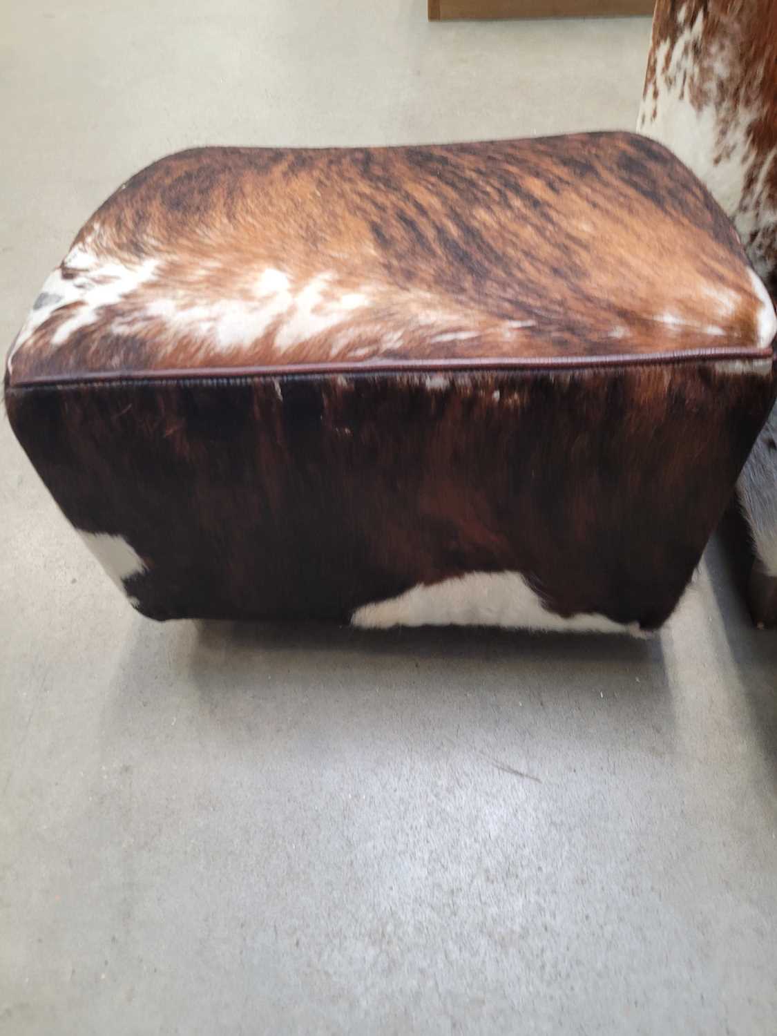 Cowhide upholstered armchair with matching footstool Some scuffing to legs - Image 2 of 6