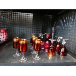 Cage containing red sherry glasses, plus scent bottle and mug