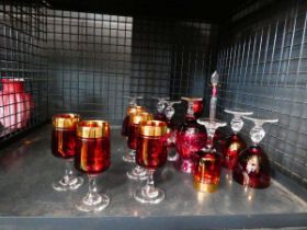 Cage containing red sherry glasses, plus scent bottle and mug