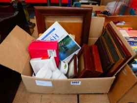 Box containing angling title, picture frames and dishes and coasters