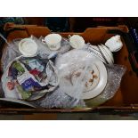 Box containing Denby leaf patterned crockery plus floral patterned teacups