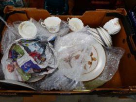 Box containing Denby leaf patterned crockery plus floral patterned teacups