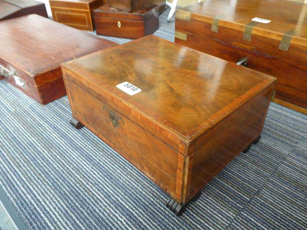 Victorian flame mahogany and crossbanded jewellery box on feet For restoration