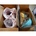 Two boxes containing decanters, and other glassware