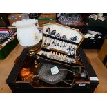 Box containing a converted brass oil lamp, cased cutlery set, bon bon dishes, silver plated tray,