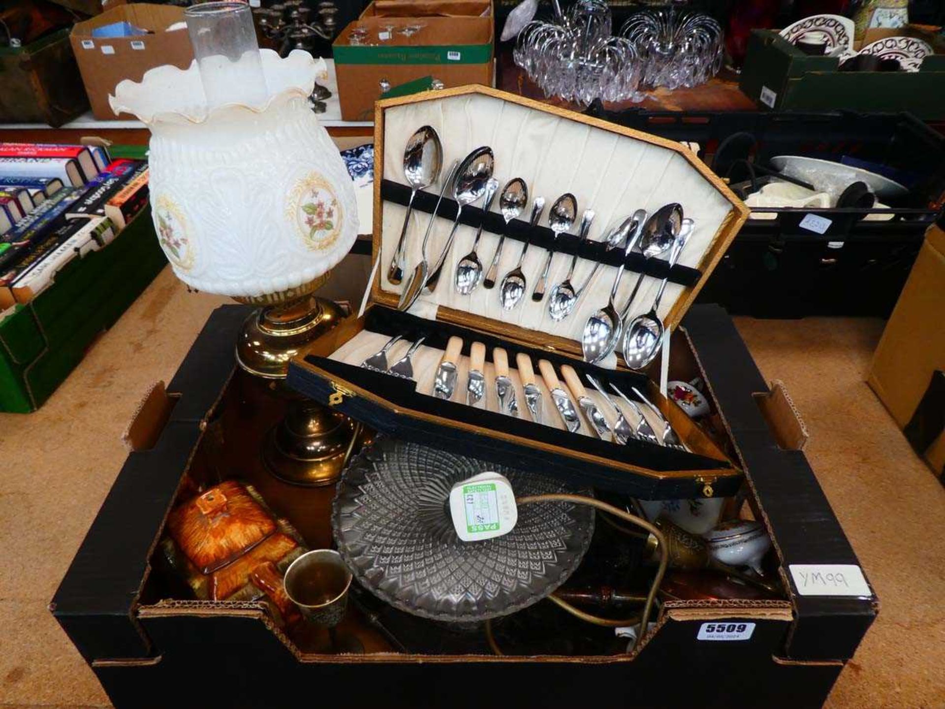 Box containing a converted brass oil lamp, cased cutlery set, bon bon dishes, silver plated tray,
