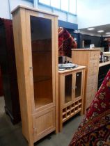 Lime washed glazed display cabinet plus a drinks cabinet and a narrow chest of seven drawers