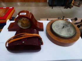 Small Edwardian napoleon hat mantel clock plus binoculars and a barometer