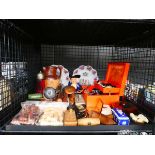 Cage containing chess pieces, quartz example, Toby jug, Harvest jug, plus costume jewellery and