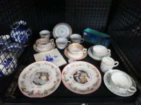 Cage containing various cups and saucers plus Wedgwood Christmas plates