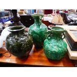 3 x dragon patterned green glazed vases